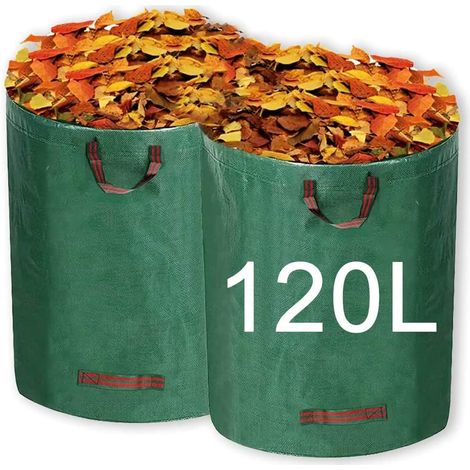 Lot de 2 sacs à déchets de jardin réutilisables de 120 L, sacs poubelle pliables et étanches avec poignée pour collecter les plantes, les déchets et les feuilles (1/5)