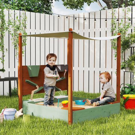Bac à sable en bois pour enfants avec toit, 2 sièges, 2 coffres de rangement, robinet, entonnoir, 116 x 112,5 x 128 cm, vert