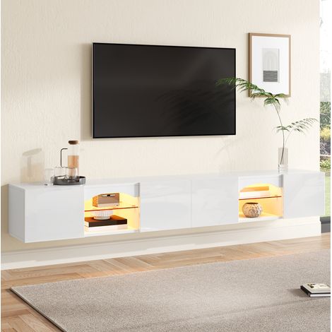 MODFU – Mobile TV 200x30x28 cm in truciolato con 4 ante, 2 nicchie e LED tramite app, carico 60 kg – Bianco lucido (1/5)