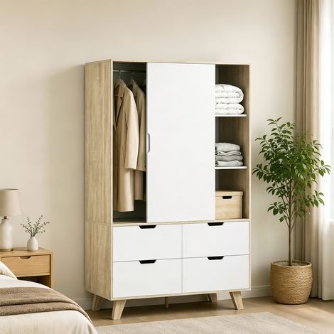 Armoire Chambre Penderie, 2 Portes Coulissantes, 4 Tiroirs, Barre de Suspension, Étagères Réglables, Chêne et Blanc (1/5)