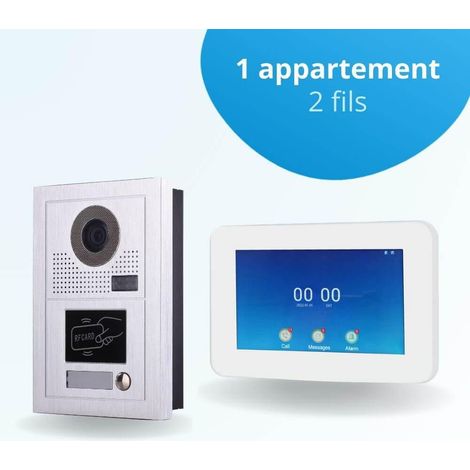Portier interphone vidéo MODERN 2 Fils - 1 appartement - 1 écran tactile connecté 7" blanc -  avec lecteur de badge