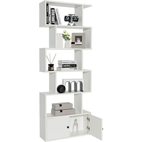 COSTWAY Librería, Estantería en Forma de S de 6 Niveles con Puertas, Estantes Decorativos de Madera para Salón, Dormitorio, Oficina, 70 x 23 x 183 cm (Blanco) (1/5)