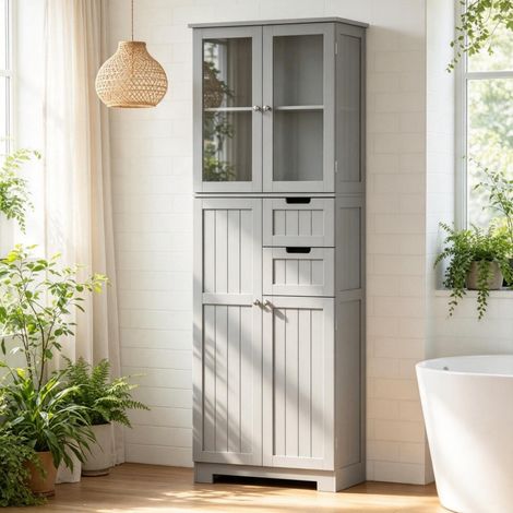 Meuble de salle de bain haut sur pied gris en MDF, 4 portes dont 2 vitrées, 2 tiroirs, étagères réglables, 60 x 30 x 170 cm avec anti-basculement CHICFURN (1/5)