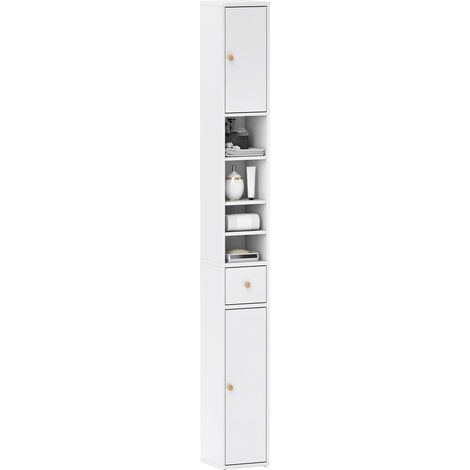 Colonne de salle de bain gain de place avec 2 placards, 3 étagères ouvertes et un tiroir, en bois, 20 x 20 x 178 cm, blanche
