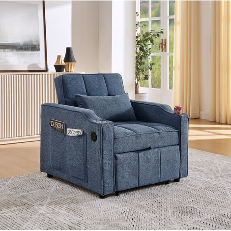 Fauteuil convertible 3-en-1 avec USB/Type-C, porte-gobelet inox, 190 cm, bleu nuit (1/5)