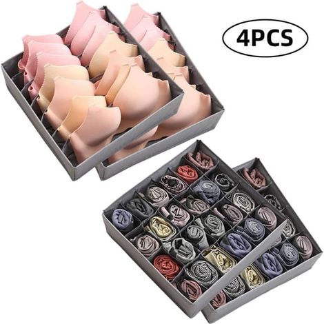 Quatre tiroirs de rangement, deux tiroirs de rangement pour sous-vêtements à 7 compartiments et deux tiroirs de rangement pour chaussettes à 24 compartiments, séparateurs de tiroirs pliables, gris. (1/5)