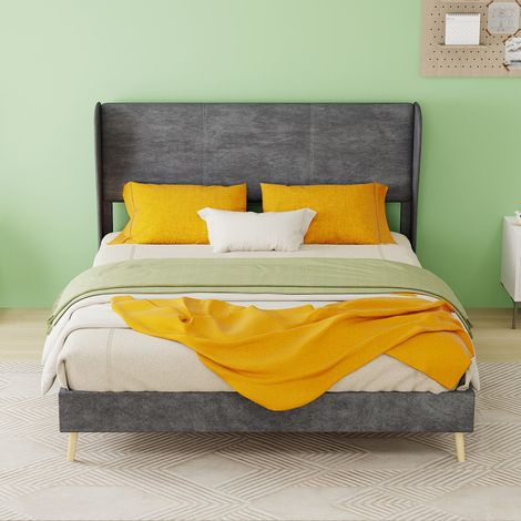 Cama tapizada de tela gris 140x200 cm con cabecero acolchado y estructura metálica