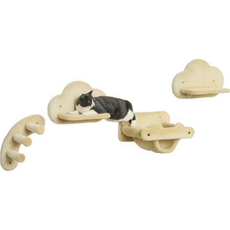 Katzentreppe, 4-teiliges Set, 3-stufige Sprossenleiter, 2 Plattformen, Hängematte, Plüschbezug, beige