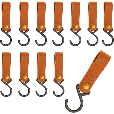 Crochet S en Cuirs, 12 Pièce Crochets de Suspension avec Boucle en Cuir, Caramel Crochets-Tringle Vêtements de S avec Boucle en Cuir, pour le Camping, la Cuisine et Salle de Bain (1/5)