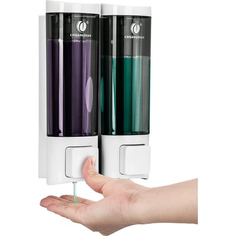 1 - Distributeur de savon mural double - Réservoir transparent ABS - Pour gel douche et shampooing - Salle de bain et lieux publics - Blanc - 12,7x6,2x20cm