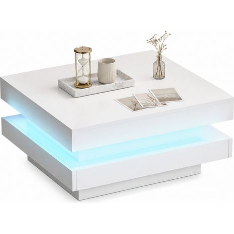 Table basse carrée LED Bluetooth blanche avec contrôle par application, finition brillante et USB, 70 x 70 x 36 cm, CHICFURN (1/5)