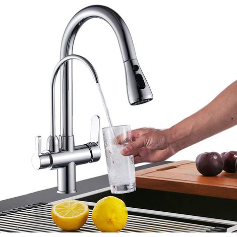 Onyzpily Rubinetto da cucina cromato con doppia maniglia estraibile, per acqua potabile calda e fredda, filtro a 3 vie (1/5)