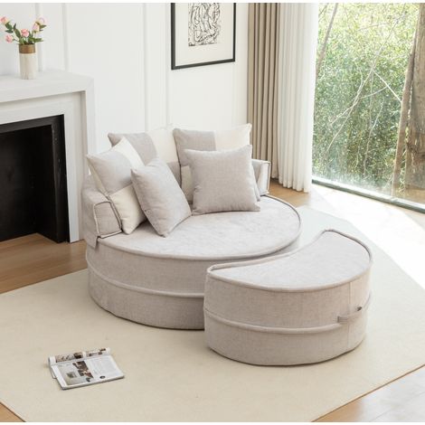 Sillón redondo con ottomana, 5 cojines, chenilla, gris DESVIAE (1/5)
