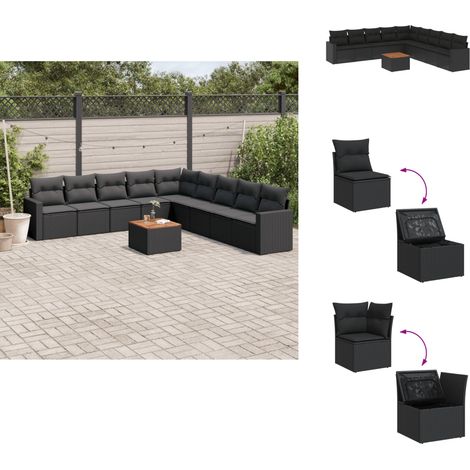 10-tlg. Garten-Sofagarnitur mit Kissen Schwarz Poly Rattan - Gartenmöbel Set - Esszimmerset Outdoor - Lounge Möbel - Rattan Gartenmöbel - Wetterfeste Gartenmöbel (1/5)