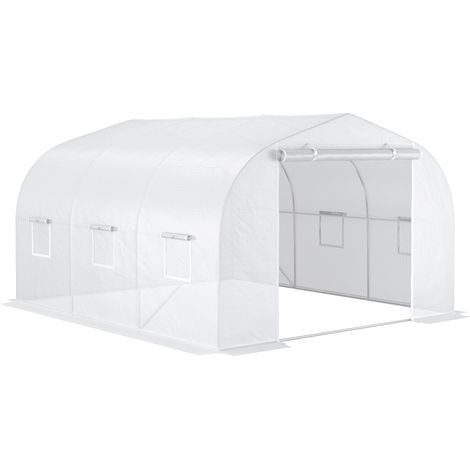 Outsunny 3,5 m (L) x 3 m (B) x 2 m (H) Gartentunnel-Gewächshaus mit Tür und 6 aufrollbaren Fenstern, verzinkter Stahl, hochdichte weiße PE-Plane