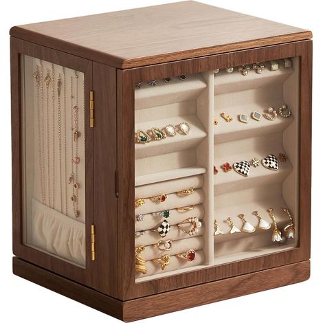 Coffret Bijoux Noyer Noir Rotatif 360° 5 Tiroirs Verre (1/5)