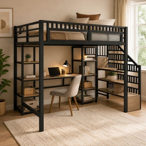 Cama alta 140x200 cm negra de metal y MDF, con escritorio, estantes, escalera con almacenamiento y LED (1/5)