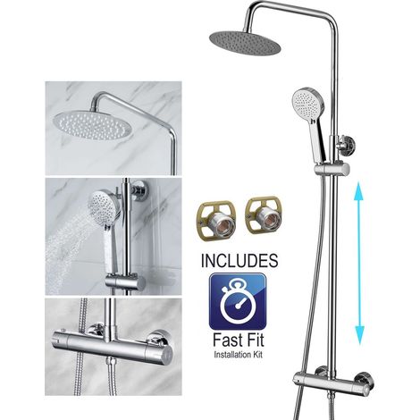 Ultra Thin Round Thermostatic Mixer Shower Dual Control Twin Head + Fast Fit Kit (1/5)