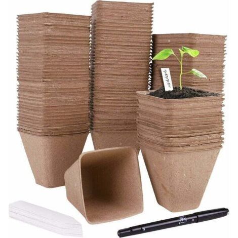 VURAHOME - 120 Pièces Pots de Semis Biodégradable Godets de Repiquage 8cm Carré Godet Semis , XU,Pot Jardinage avec 30 Étiquettes de Plantes pour Graine Légumes Fleurs Succulentes - (1/4)
