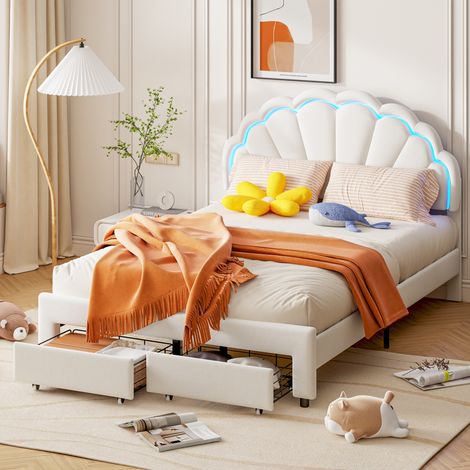 Lit avec tiroirs 140x200 cm pour enfant et adolescent - Lit double en bois avec lumières LED et sommier à lattes - Pin massif - Blanc