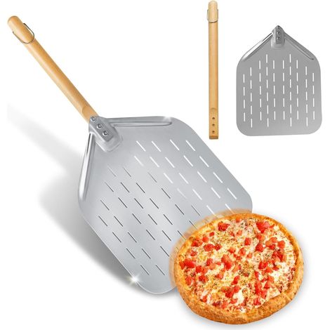 Pelle à Pizza Perforée, Pelle à Pizza avec Poignée, Coupe à Pizza en Acier Inoxydable, pour la Cuisson de Pizzas, Pain, 39×30.5 cm, Longueur totale 74 cm (1/5)