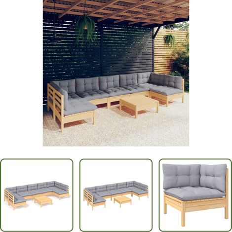 Terrassensofa - 8-tlg. Garten-Lounge-Set mit Grauen Kissen Kiefer Massivholz (1/5)