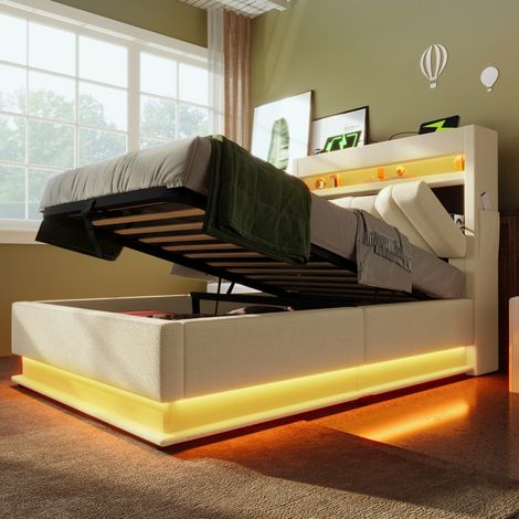 MEUBLIV Letto 90x200 cm beige con contenitore idraulico, LED e materasso (1/5)