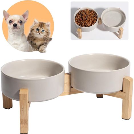 Ciotola rialzata per cani - Ciotola in ceramica con base antiscivolo in bambù - Set per cibo e acqua per gatti e cuccioli - 2 ciotole da 400 ml - Ideale per un'alimentazione sana (1/5)