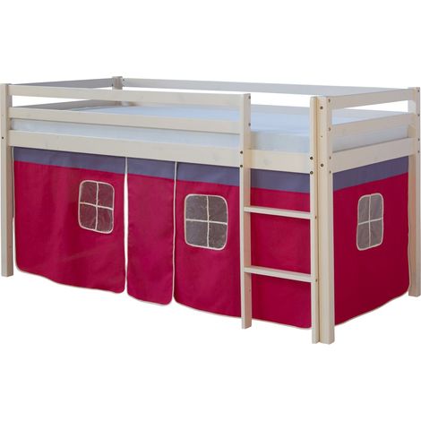 Letto soppalco 90x200 cm con scaletta in legno laccato bianco e telo rosa incluso LIT06012
