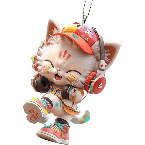 Pendentif chat pour voiture - Chat portant un casque audio, accessoire de rétroviseur, pendentif animal 2D en acrylique pour (1/5)