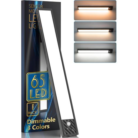 Lampe d’armoire LED dimmable, 2500 mAh, règle de cuisine USB rechargeable sans fil de 33,5 cm, éclairage spécial 65 LED pour meubles de cuisine sous les meubles (3 couleurs) [classe énergétique E]