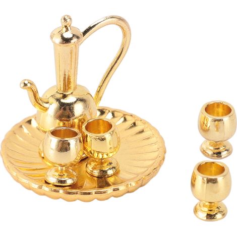 Lot de 2 tasses à thé miniatures pour maison de poupée (échelle 1:12), style luxueux et raffiné, couleur or. (1/5)