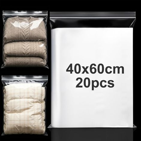 40 x 60 cm Plastic Zip Bag 20 Pieces Transparent Zip Bag Large Waterproof Storage Bag Suitcase Resealable Zip Transparent Plastic Clothing for Moving and Storage (1/5)
