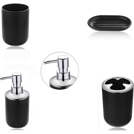 4-teiliges Badezimmer-Accessoire-Set mit Seifenspender, Zahnbürstenhalter, Zahnbürstenbecher und Seifenschale (Schwarz) (1/4)