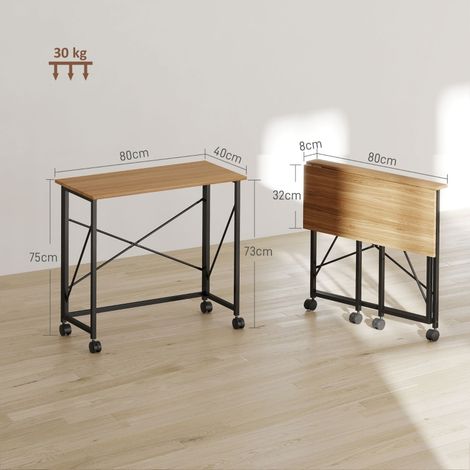 Bureau pliant 80 cm à roulettes, table d'ordinateur compacte pour petit espace, meuble de travail mobile en chêne, idéal télétravail (1/5)