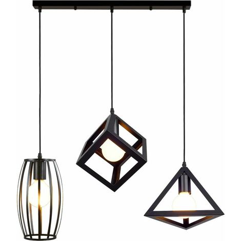 3 Lampes Suspensions Luminaire Design Géométrique Moderne E27 Lustre Suspensions Abat Jour en Métal Plafonnier avec Support en Barre pour Chambre Salon - Noir BLOW (1/5)