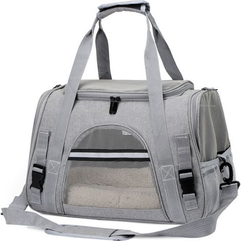 SABIR Sac Transport Chat Chien, Caisse de Transport Chat Portable et Respirant, Cage Transport Chat Pliable avec Laisse de Sécurité Intérieure et Bol Idéal pour Chats, Petits Chiens, Gris (1/5)