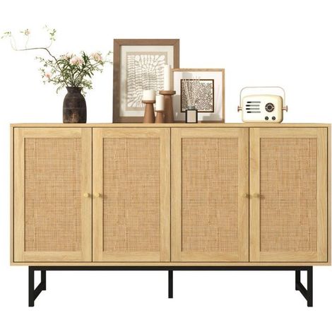 Buffet 140x40x80, 4 portes cannage rotin buffet salle à manger, rangement généreux, pieds métal, étagères réglables (1/5)