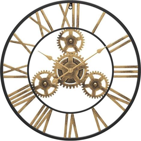 50 cm große, schwarze Wanduhr im industriellen Vintage-Stil aus Holz im Steampunk-Stil mit römischen Ziffern für Wohnzimmer, Bar, Büro