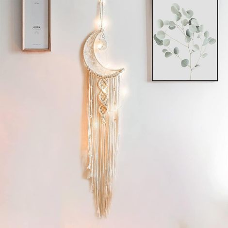 Attrape-rêves, décoration murale attrape-rêves, attrape-rêves lune en macramé fait main avec lumière, grande décoration murale bohème, cadeau artisanal pour garçons et filles