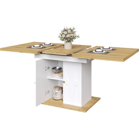ELVMI Esstisch Ausziehbar mit Stauraum auf 2 Ebenen, Reliefdekor, für Küche und Wohnzimmer, MDF und Metall, Weiß (1/5)