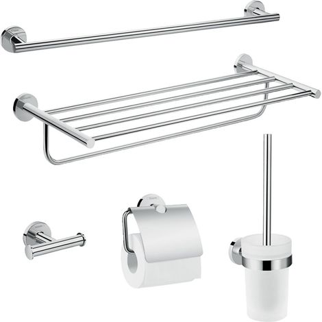 Hansgrohe Logis bathroom accessory set – Chrome finish – Towel rail, toilet roll holder, robe hook, toilet brush – 5 year guarantee (1/5)