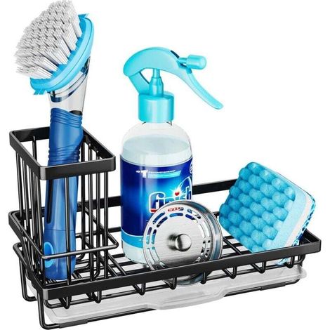 Kitchen Sink Organizer with Removable Drip Tray, Detergent Dispenser and Brush Holder 304 Stainless Steel Kitchen Accessories - Black. (1/4)