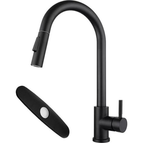 Robinet de cuisine monocommande avec douchette extractible, en acier inoxydable, mitigeur pivotant à 360°, pour eau chaude et froide, avec flexible d'arrivée d'eau de 70 cm. (1/5)