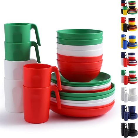 24-teiliges Kunststoff-Geschirrset für 6 Personen, wiederverwendbare Teller und Schüsseln in verschiedenen Farben. Enthält Speiseteller, Dessertteller, Müslischalen und Becher für Haus und Garten. (1/5)