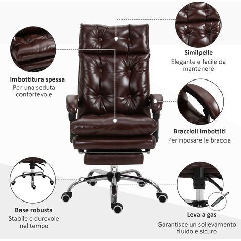 Fauteuil de bureau en similicuir marron, dossier inclinable réglable jusqu'à 135°, assise pivotante pour espace de travail. (1/5)