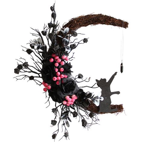 (Verpackungsmaße: 30 x 30 x 8 cm, Material: Naturrattan-Basis und Kunststoffblumen) (mit Karton) Festlicher dekorativer Türkranz "Katze und Mond" für Halloween, trockene Zweige, Katzen- und Rattenmoti