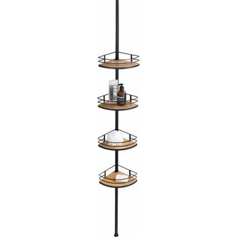 WENKO Mensola telescopica per bagno Dolcedo in bambù, con 4 cestini angolari per doccia, fissaggio senza foratura mediante torsione e regolabile in altezza, Acciaio Inox - Bambù, 31x65-275x23 cm, nero (1/5)
