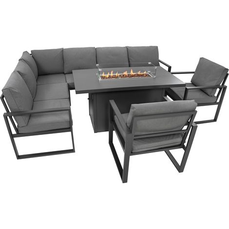 Conjunto Jardín Aluminio 7 Plazas con Sofá Modular, Mesa Brasero de Gas y Sillones, Muebles Exterior Modernos con Cojines Gruesos y Funda Impermeable para Terraza Patio