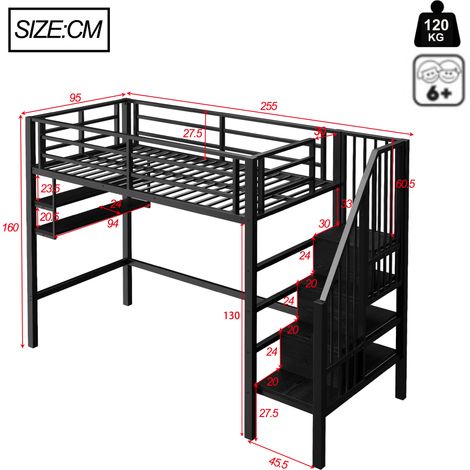 Hochbett Einzelbett mit Regalen, Stauraumleiter und Absturzsicherung 90×200 cm, ohne Matratze, Schwarz (1/4)